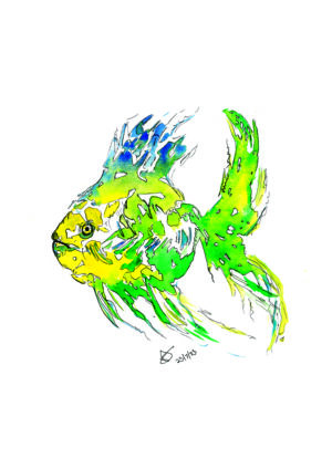 Green watercolour and ink fish painting