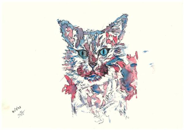Original Blue Pink Cat A4 Watercolour